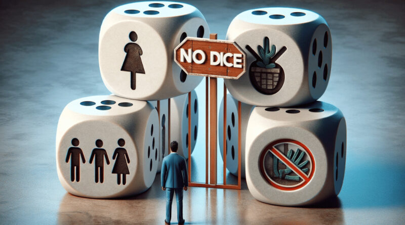 Resultado negativo ou recusa simbolizada por dados ou barreiras, ilustrando 'No Dice'