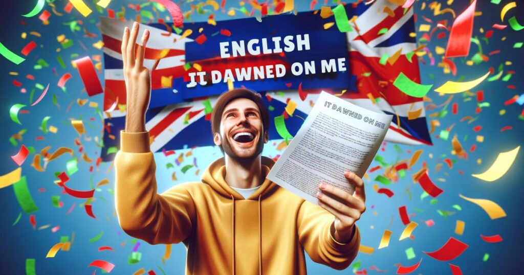 Pessoa sorrindo e celebrando com confetes coloridos, simbolizando a alegria de aprender a expressão 'It Dawned on Me' em inglês.