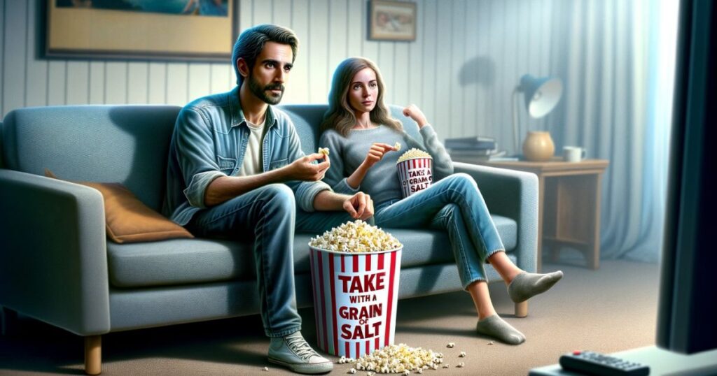 Imagem de John e Sarah sentados em um sofá, discutindo um filme com um balde de pipoca, representando a expressão "Take With A Grain Of Salt" no contexto de avaliação de entretenimento