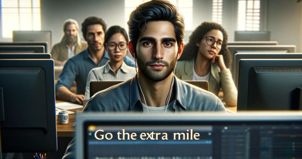Marcos trabalhando seriamente em um projeto no computador enquanto outros descansam, ilustrando a expressão 'Go The Extra Mile' no contexto profissional