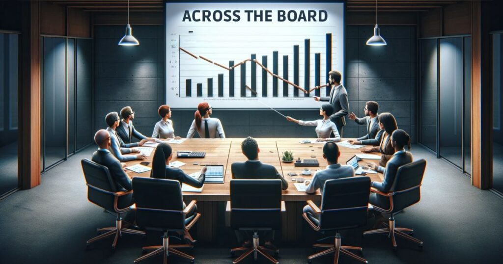 Imagem de uma equipe em uma sala de reuniões analisando um gráfico com resultados negativos do projeto, representando a expressão "Across The Board" em um contexto empresarial