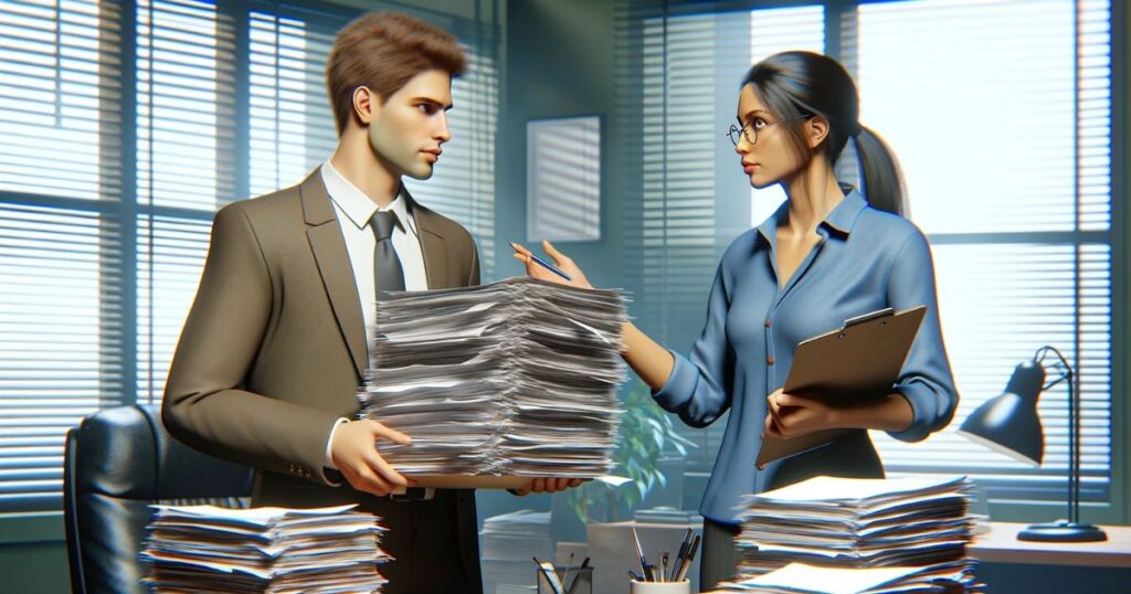 Imagem de Sara no escritório com uma pilha de documentos, pedindo a Mark para completar tarefas complicadas, ilustrando a expressão "Jump Through Hoops" no contexto profissional