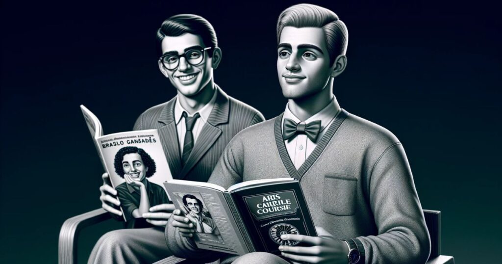 Lucas pensativo com um livro de carreiras e Ana sorrindo com um catálogo de cursos de arte, representando a expressão 'It Dawned on Me' em relação à escolha de carreira e interesses pessoais.