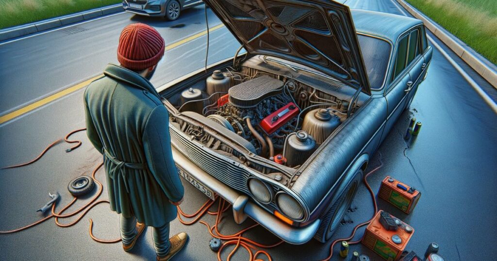 Imagem de uma pessoa olhando para o motor de um carro quebrado na beira da estrada, expressando frustração e desespero, ilustrando a expressão "I’m at My Wit’s End"