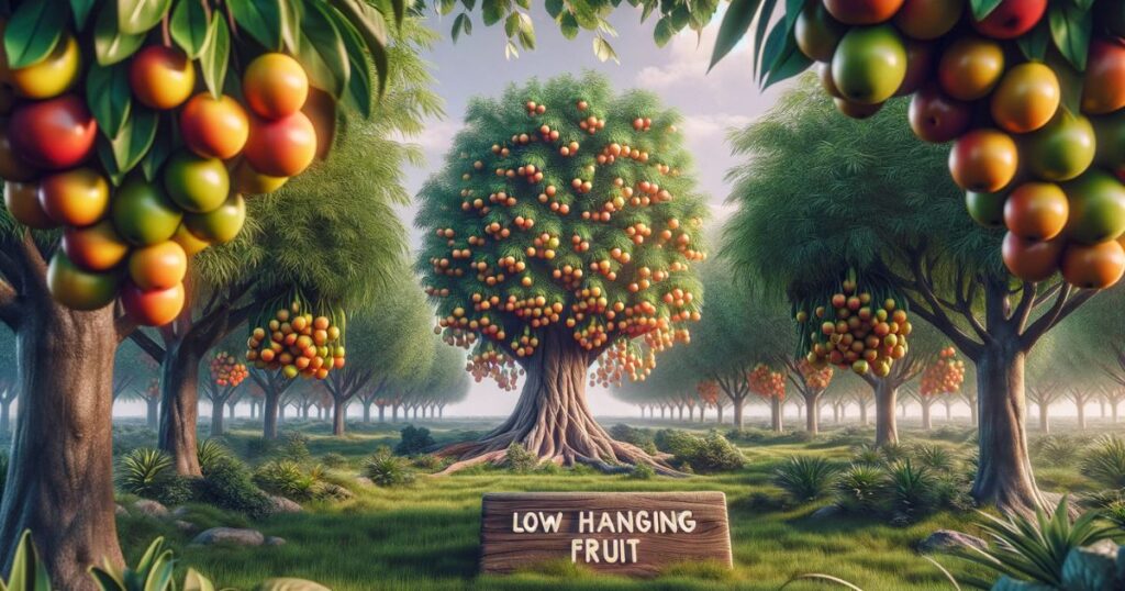 Imagem de um pomar com uma árvore cheia de frutas penduradas baixas, ilustrando a expressão "Low Hanging Fruit" como metas ou objetivos facilmente alcançáveis
