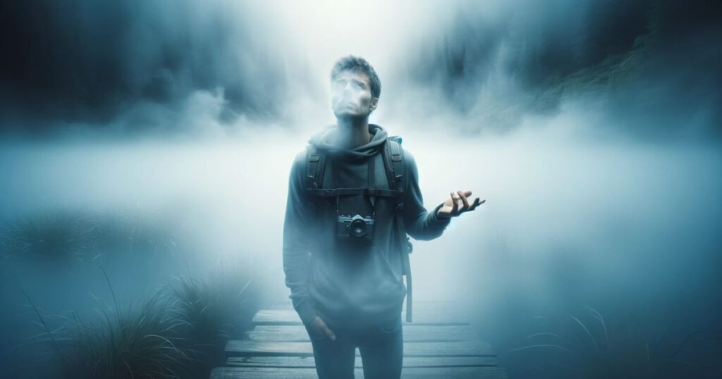 Pessoa confusa em meio a uma névoa densa, representando a expressão 'be in a fog' em um contexto educativo de aula de inglês.