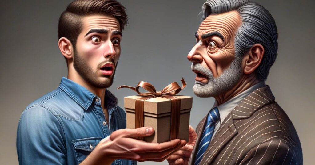 Homem surpreso ao receber um presente inesperado, exemplificando 'Take Something at Face Value' e a diferença entre expectativas e realidade.