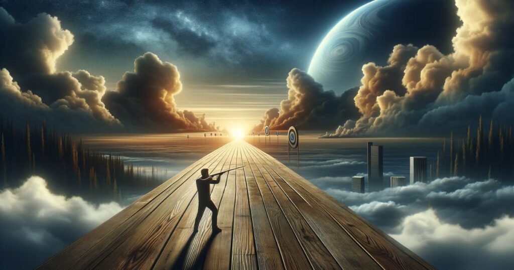 Ilustração ultrarrealista representando a expressão 'long shot', com uma pessoa mirando em um alvo distante.