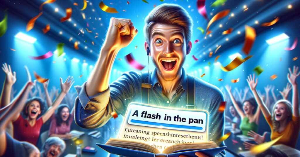 Pessoa celebrando a fluência em inglês após aprender a expressão "A Flash in The Pan", representando a alegria e o sucesso no aprendizado de idiomas.