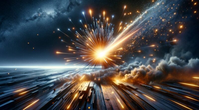 Imagem simbolizando 'Um Brilho Ephemero', com uma explosão de luz momentânea contrastando com o ambiente escuro, representando sucesso ou glória passageira - A Flash in The Pan