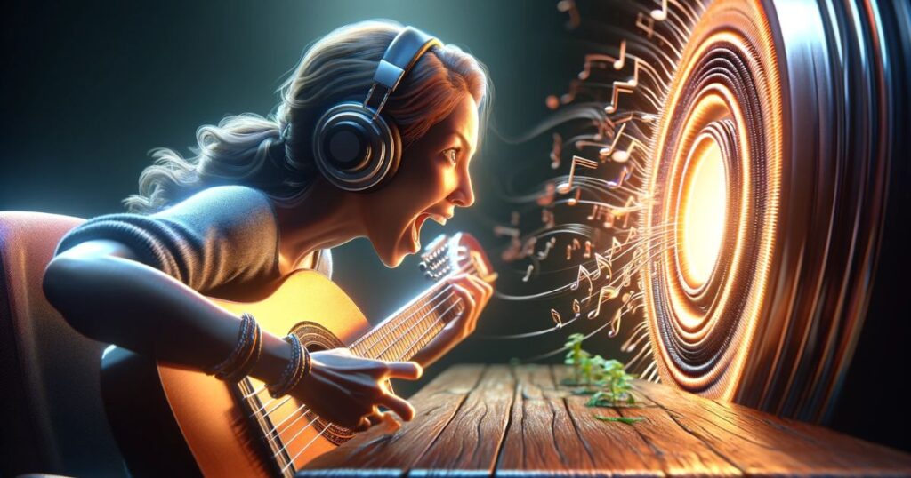 Mulher tocando um instrumento musical com paixão, demonstrando profundo envolvimento e amor pela música