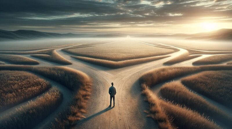 Imagem de uma pessoa contemplativa em uma encruzilhada ou vasta paisagem, simbolizando decisões baseadas em perspectivas pessoais ao amanhecer ou entardecer As Far As I’m Concerned Na Minha Opinião
