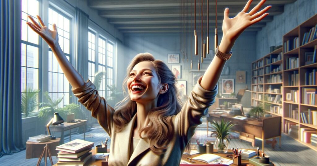 Mulher sorridente celebrando o aprendizado do inglês e a expressão 'make a fool of', simbolizando a felicidade e conquista na jornada de aprendizado de idiomas