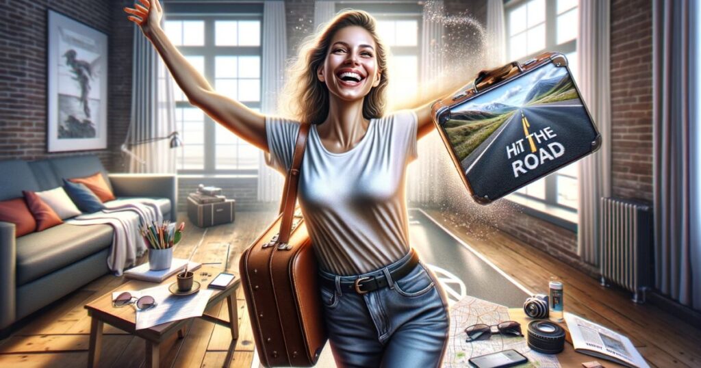 Mulher sorridente com mala, celebrando o aprendizado de 'Hit The Road', pronta para novas aventuras