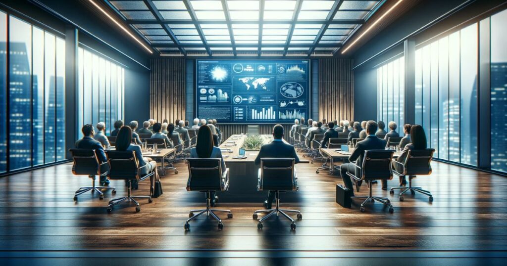 Pessoas em uma sala de reunião, olhando atentamente para uma apresentação na tela, representando colaboração e engajamento profissional.