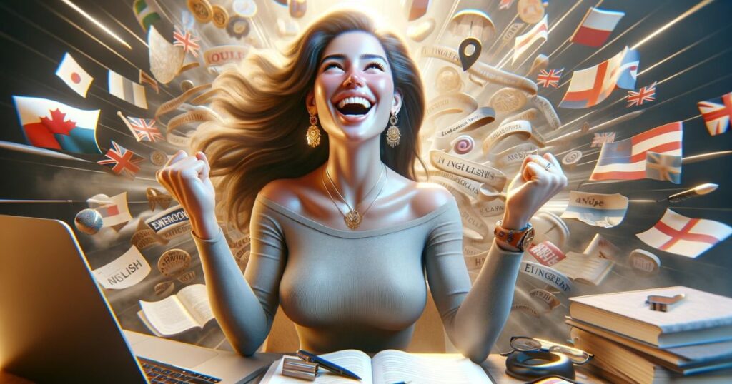 Mulher celebrando sua fluência em inglês, simbolizando a expressão 'On Point' na aprendizagem de idiomas