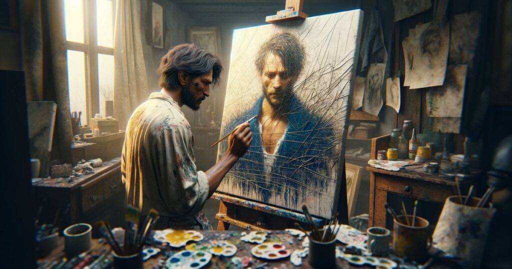 Um artista que costumava ser famoso, agora pintando uma tela riscada e sem graça, simbolizando o desafio de enfrentar o bloqueio criativo e a busca por redescobrir sua inspiração
