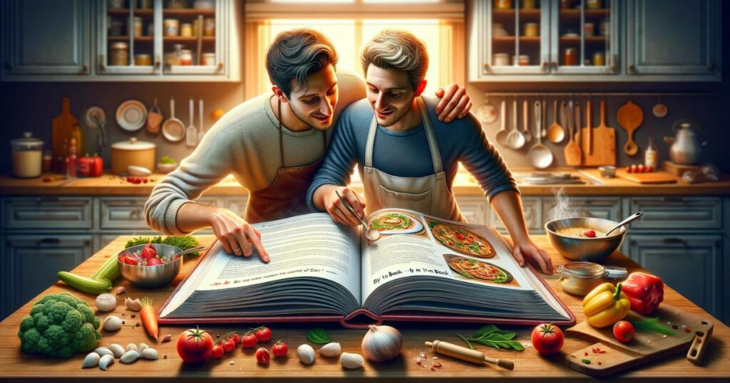 Dois amigos cozinham juntos com a ajuda de um livro de receitas, seguindo cada passo com atenção para garantir o sucesso culinário "By The Book"