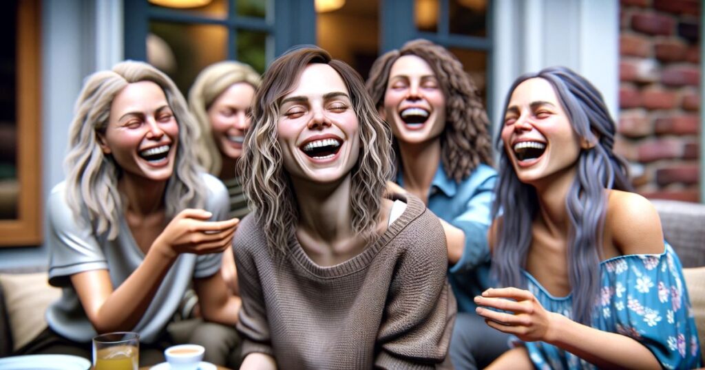 Grupo de mulheres rindo de uma brincadeira entre elas, exemplificando a expressão 'Fazer Alguém de Bobo' em um momento de união e diversão Make a Fool Of