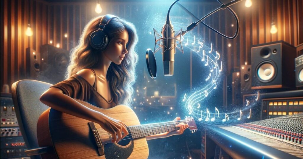 Lisa segurando um violão em um estúdio de gravação, com notas musicais flutuando ao seu redor, simbolizando a criação musical.