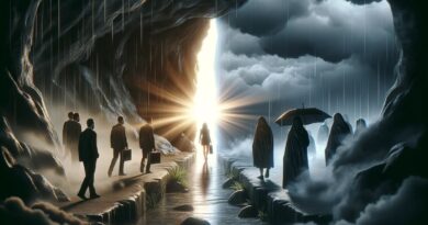 Imagem mostrando pessoas em uma situação desafiadora, focadas em um raio de sol esperançoso, simbolizando otimismo em meio à adversidade Look on The Bright Side Olhar o Lado Bom