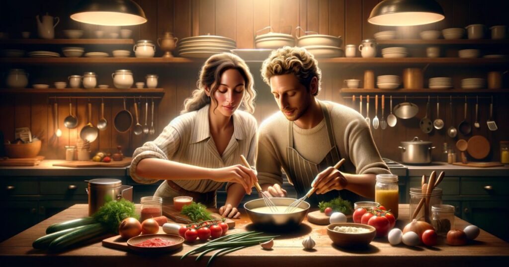 Julia e Michael preparando um prato em uma cozinha cheia de ingredientes, representando a alegria de criar juntos algo especial