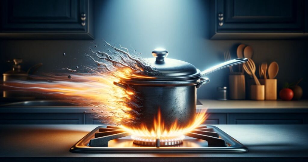 Uma panela sobre o fogo com a chama se apagando rapidamente, simbolizando a expressão "A Flash in The Pan".