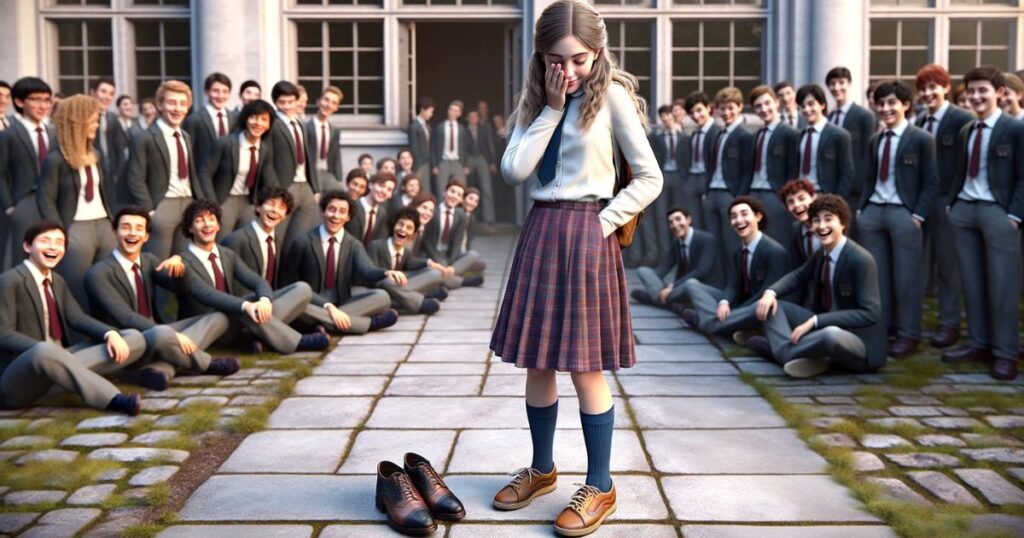 Sarah, vestida para a escola com sapatos diferentes, enfrenta uma situação divertida enquanto Mark ri, ilustrando 'Make a Fool Of' de maneira leve para aprendizes de inglês
