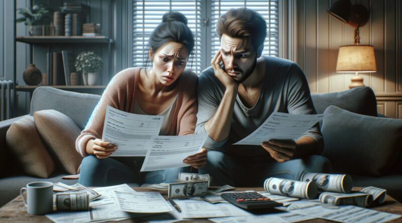 Casal sentado no sofá, analisando contas e mostrando preocupação com as finanças, ilustrando o impacto de 'Take its Toll' nas finanças domésticas
