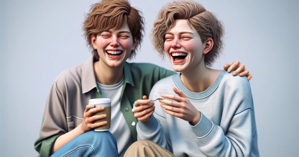 Duas mulheres compartilham um momento de humor: uma envergonhada e a outra rindo, exemplificando 'make a fool of' de forma leve e conectada, ideal para brasileiros aprendendo inglês