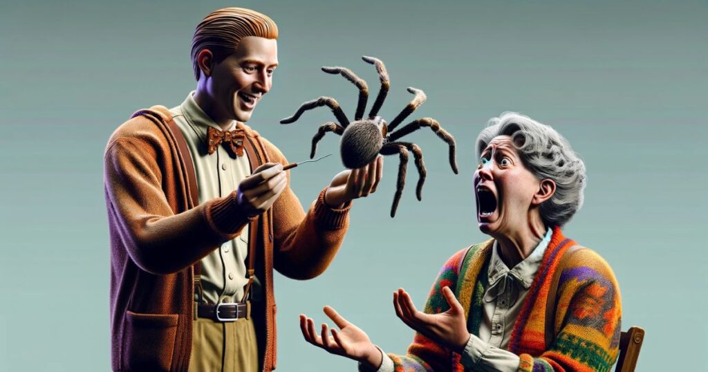John segurando uma aranha falsa enquanto Mary grita, simbolizando a expressão 'Fazer Alguém de Bobo' em um espírito de amizade - Make a Fool Of