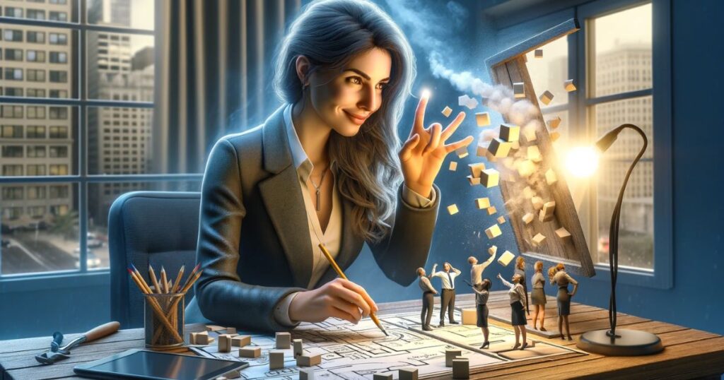 Uma mulher demonstrando determinação e satisfação ao transformar uma situação difícil em algo positivo, simbolizando a capacidade de superar adversidades e encontrar soluções criativas