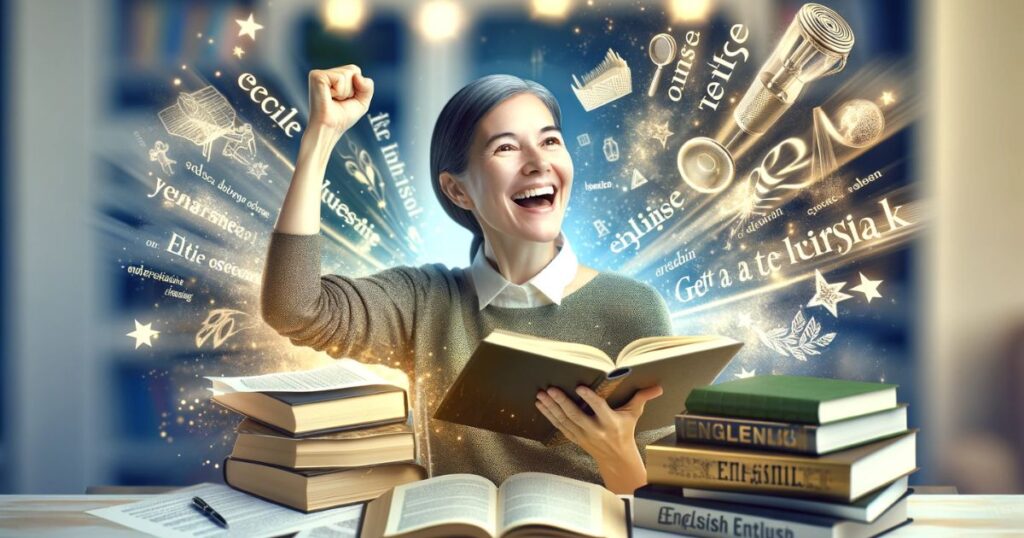 Mulher comemorando sua fluência em inglês, destacando a alegria de aprender expressões idiomáticas como "get a kick out of something".