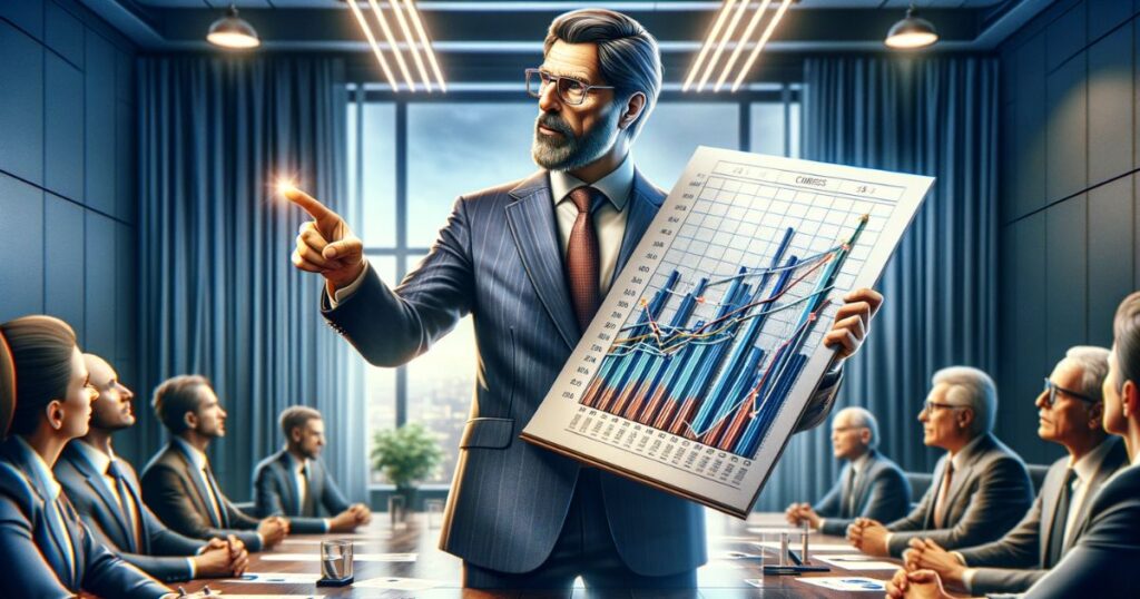 Homem de negócios segurando um gráfico financeiro e apontando para a linha crucial, destacando a importância do "bottom line" em uma reunião