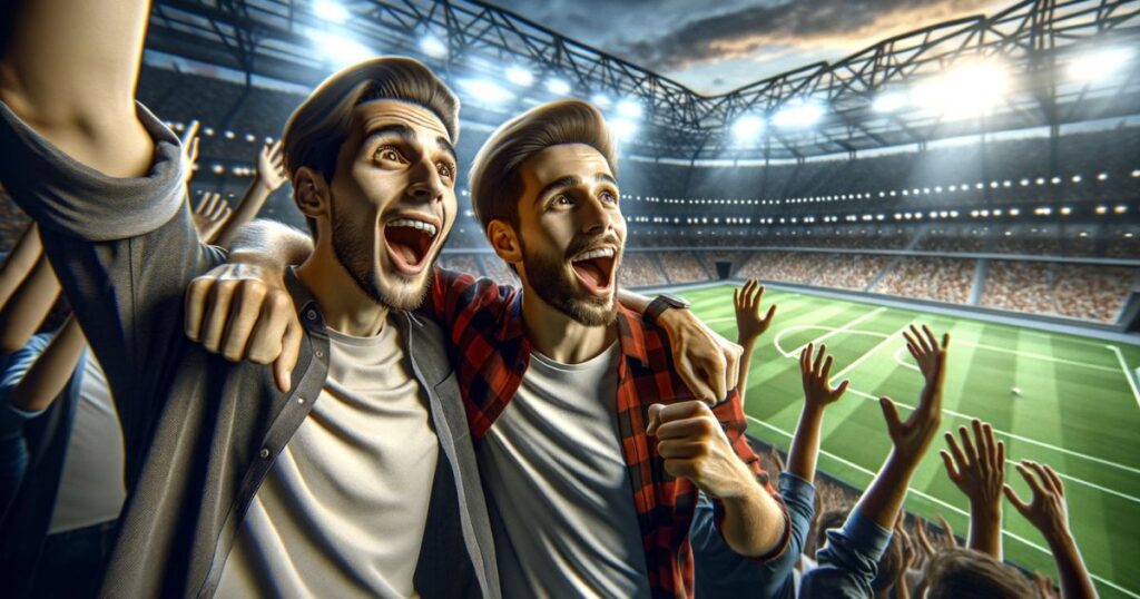 Dois amigos torcendo e celebrando em um estádio de futebol, capturando a essência da empolgação e da comunhão no esporte