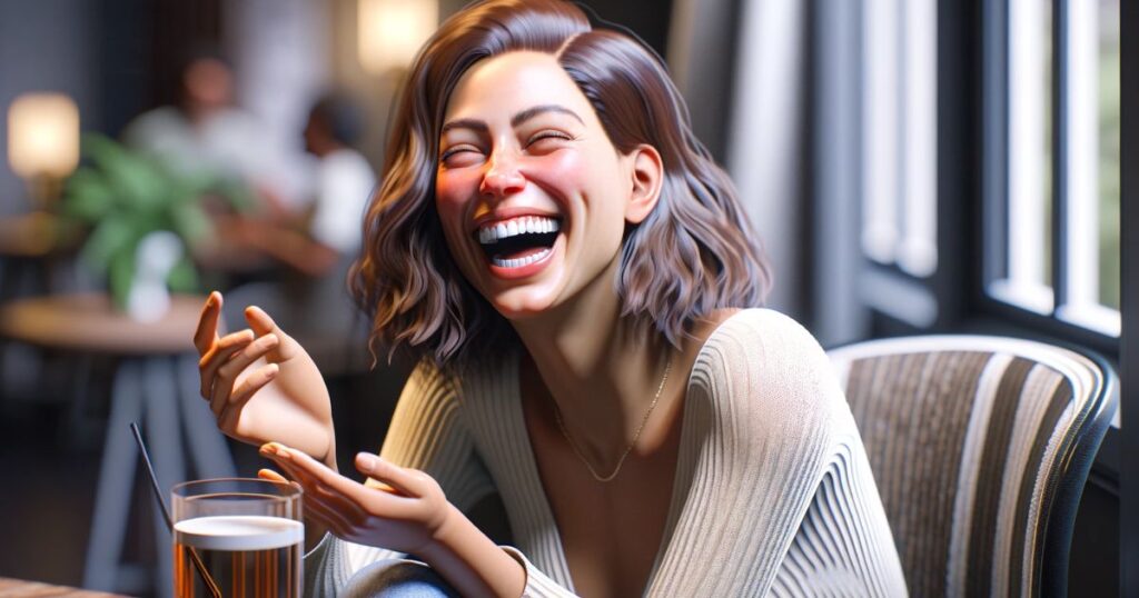 Mulher rindo alegremente, capturando a essência de se divertir muito com algo simples, exemplificando a expressão "Get a Kick Out of Something"