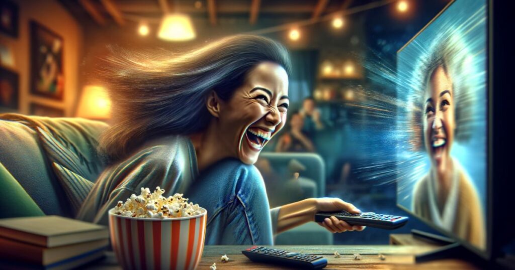 Mulher rindo alegremente enquanto assiste a um filme engraçado, simbolizando o prazer encontrado em momentos de entretenimento simples