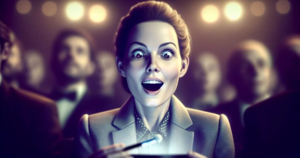 Mulher admirada assistindo a um truque de mágica, capturando a essência de se encantar com algo verdadeiramente impressionante
