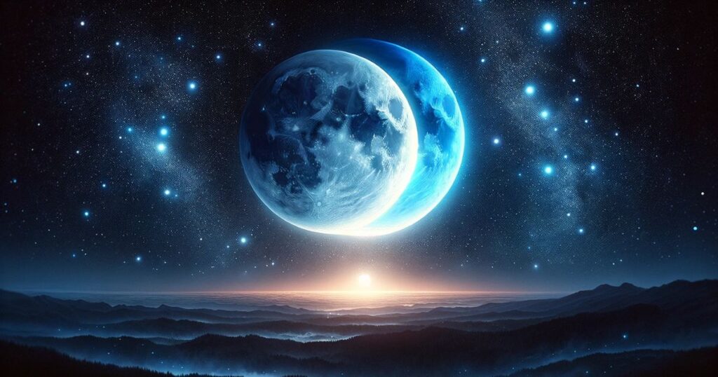 Noite estrelada com duas luas, destacando uma lua azul, representando 'Once In A Blue Moon' em um contexto astronômico