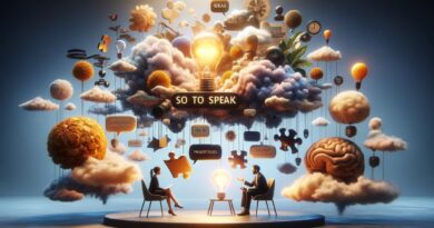 Imagem de duas pessoas conversando com metáforas visuais, simbolizando a expressão 'Por Assim Dizer' e o uso criativo da linguagem - So to Speak